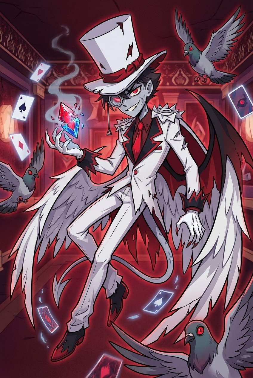 Dark Magician in White Suit with Wings and Playing Cards