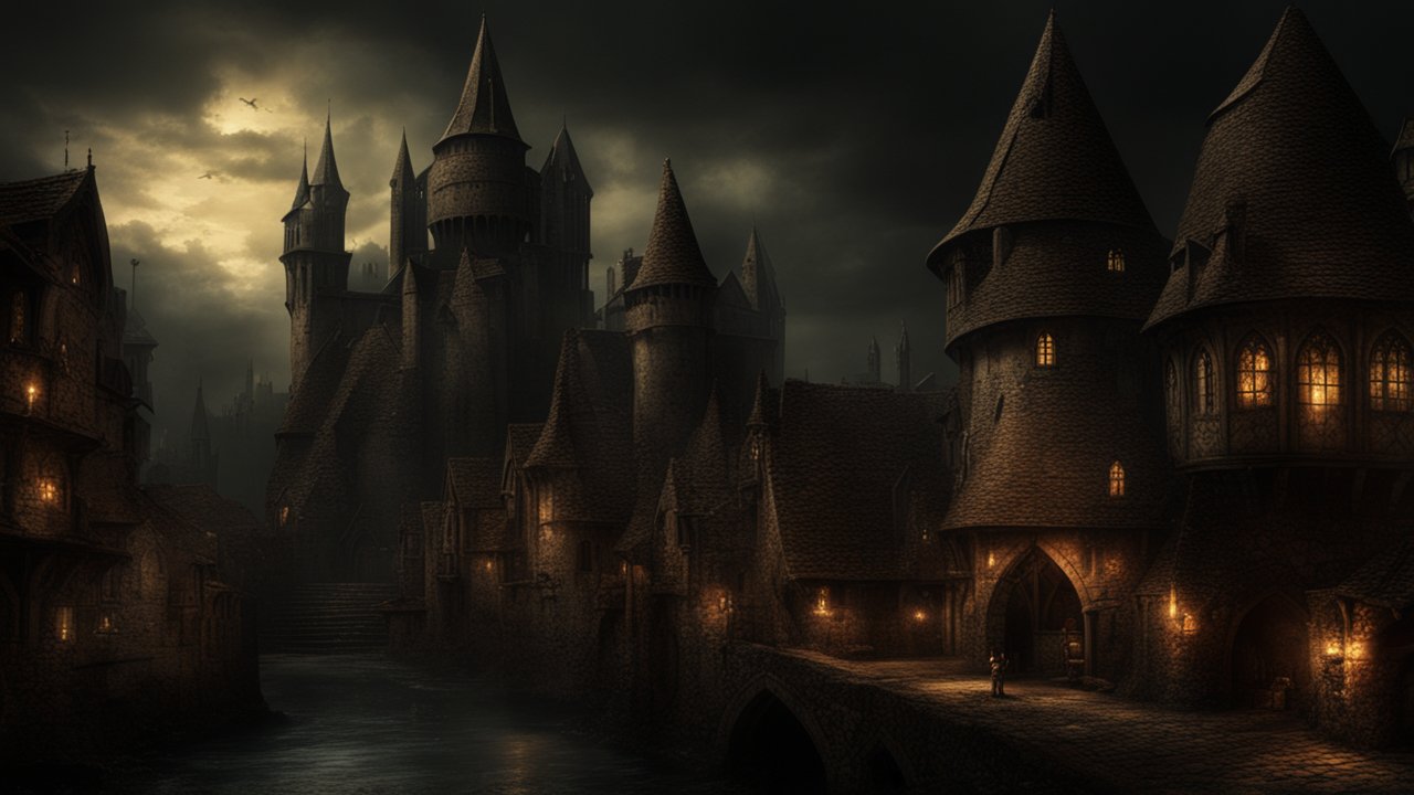 Dark Medieval City at Dusk with Illuminated Castle Towers