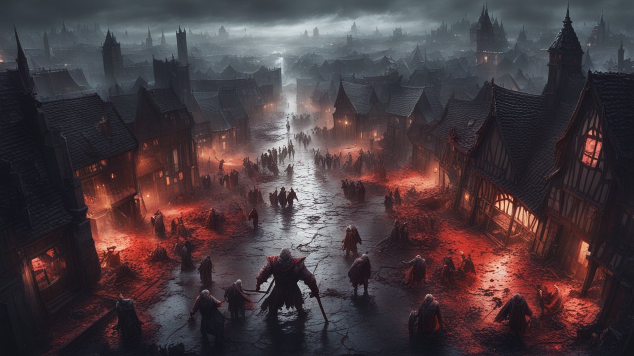 Dark Medieval Town with Cloaked Figures at Dusk