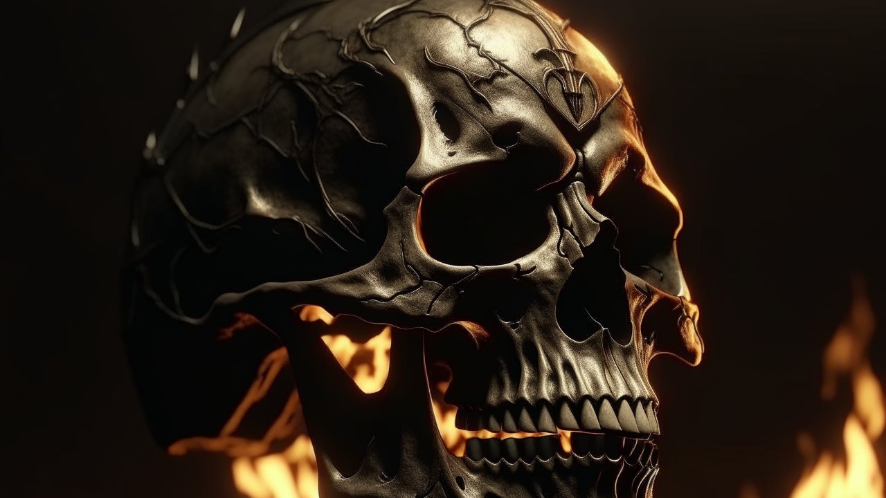 Dark Metallic Skull with Fiery Background