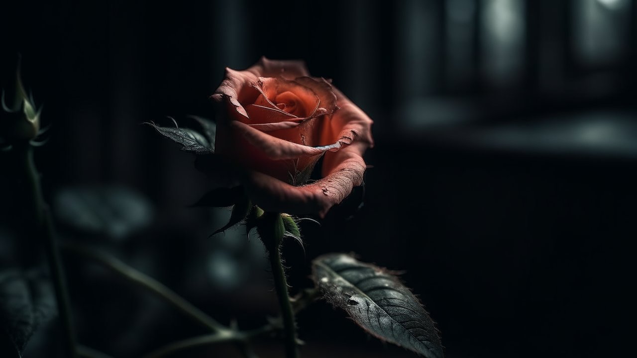 Dark Moody Close-Up of a Single Rose Bloom