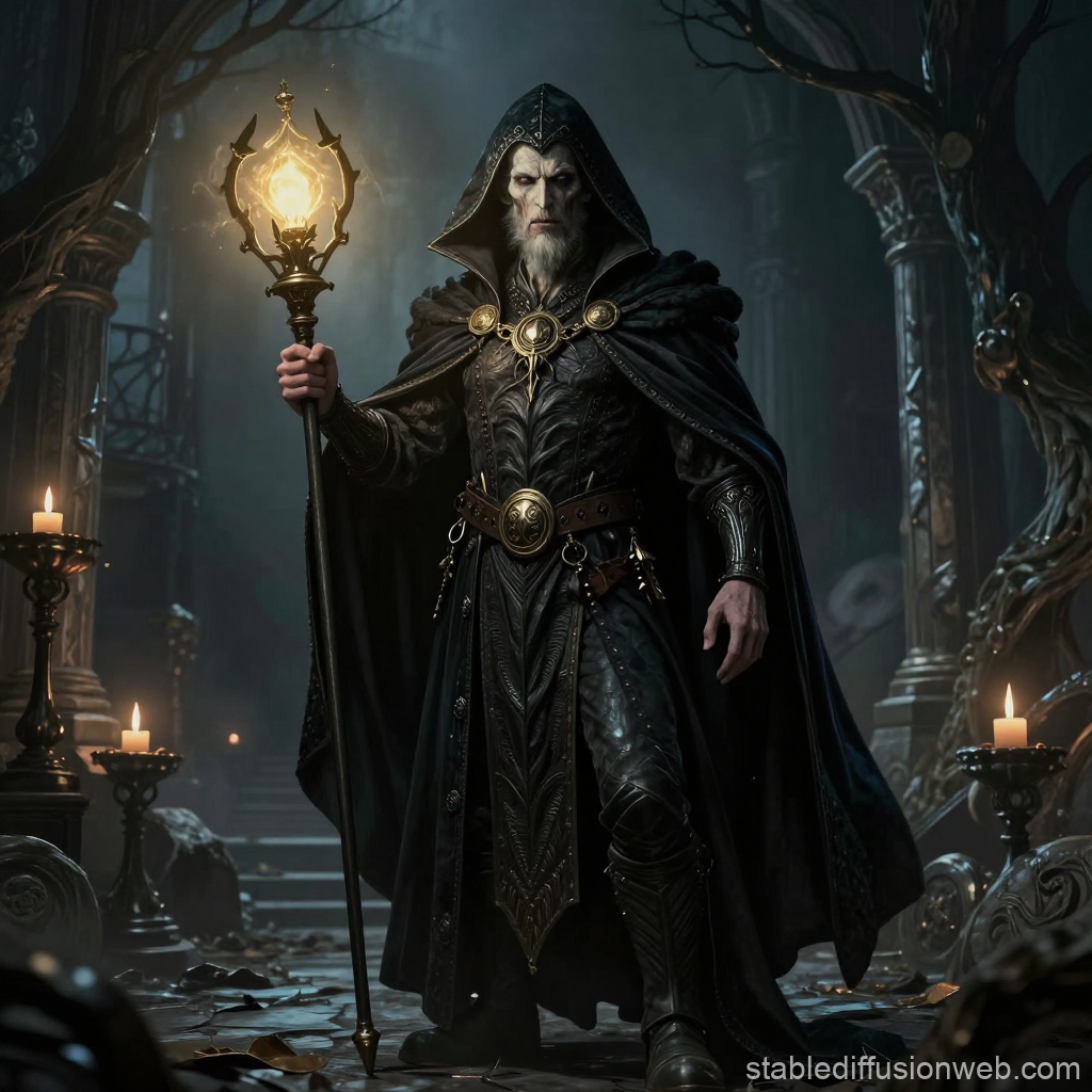 Dark Necromancer Protagonist in Gothic Ruins