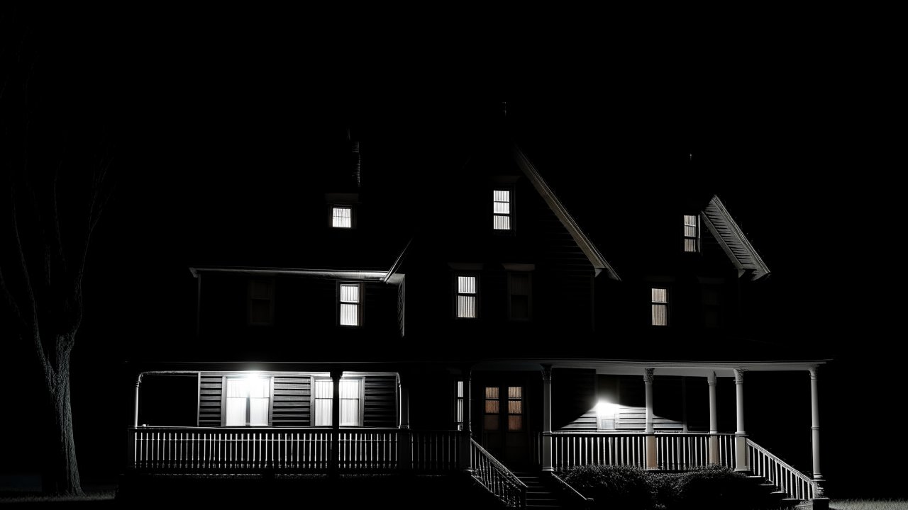 Dark Night View of a Lit House with Porch