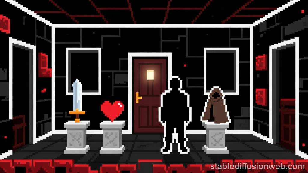 Dark Pixel Art Room with Sword, Heart, and Cloak