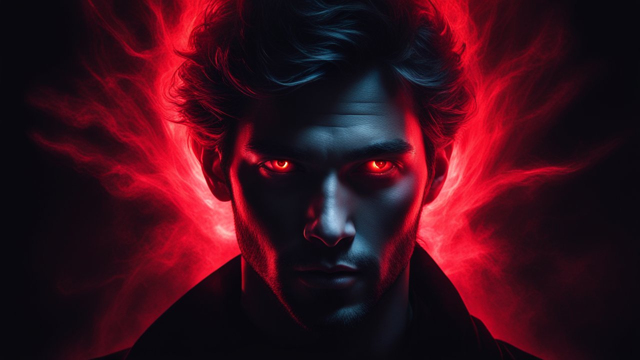 Dark Portrait of a Man with Glowing Red Eyes and Fiery Aura