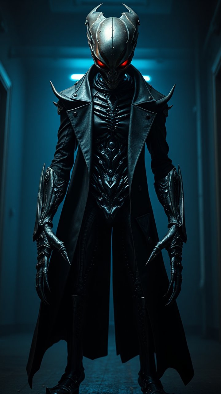 Dark Punk Alien with Red Glowing Eyes in Futuristic Armor