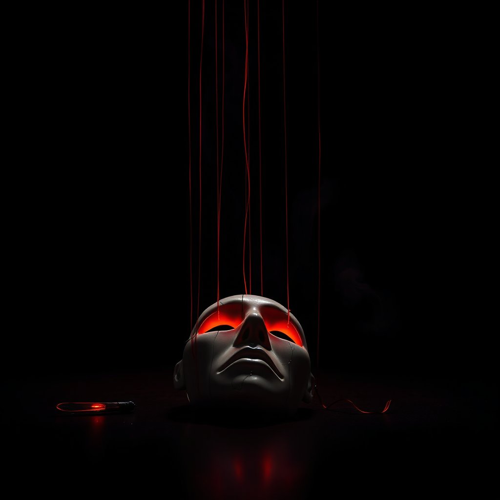 Dark Puppet Mask with Glowing Red Eyes and Strings