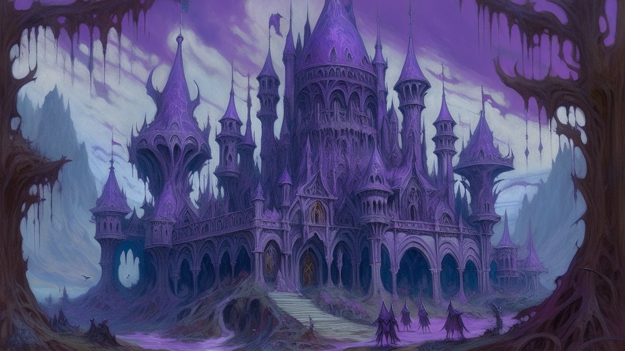 Dark Purple Gothic Castle in a Mystical Landscape
