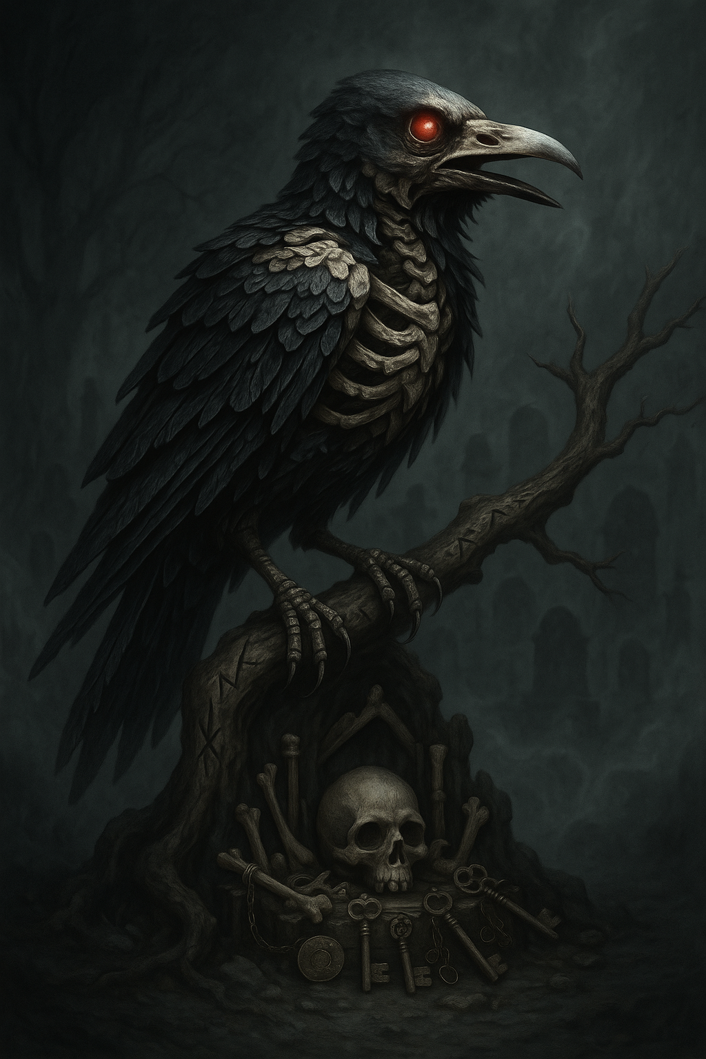 Dark Raven with Skeletal Chest and Red Eye Perched on Bone-Laden Branch