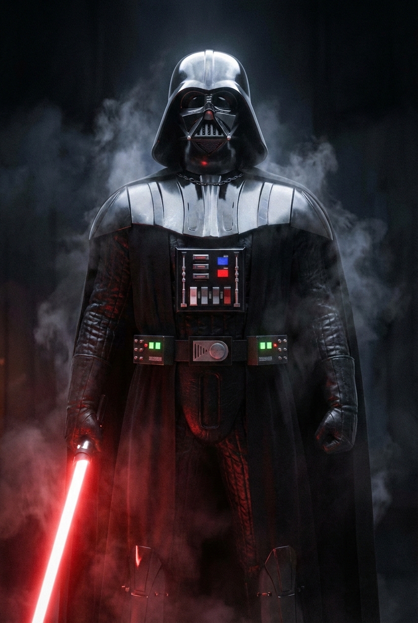 Dark Sith Lord with Red Lightsaber in Smoky Atmosphere