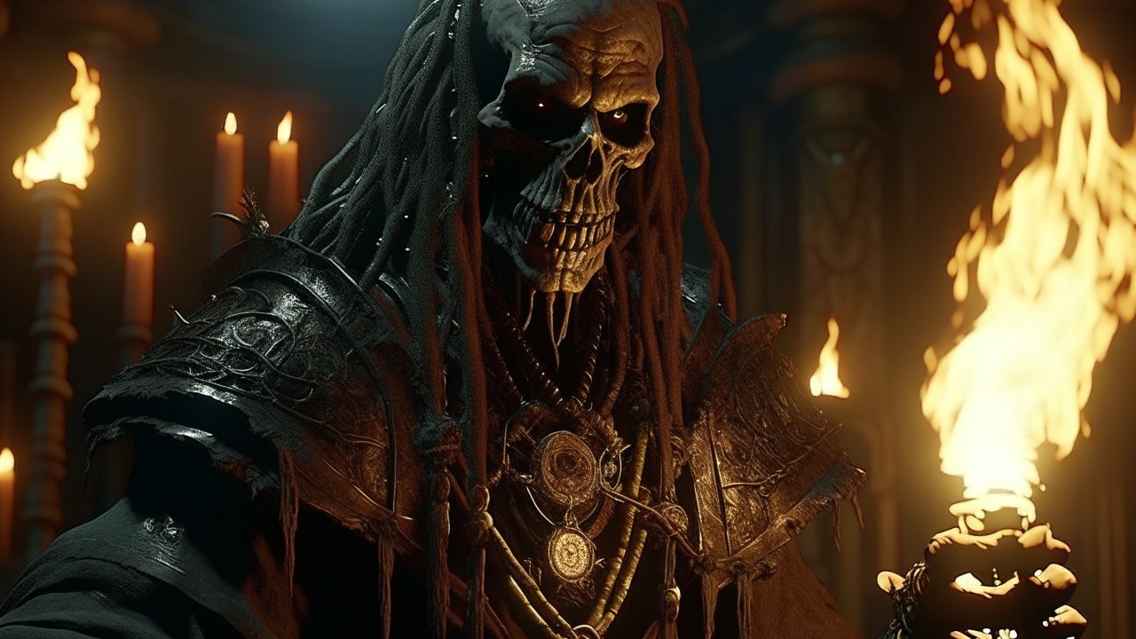 Dark Skeleton Warrior Holding a Flaming Torch in Gothic Setting