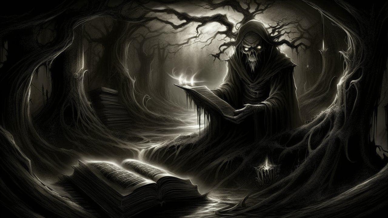 Dark Sorcerer Reading Ancient Tome in Haunted Forest