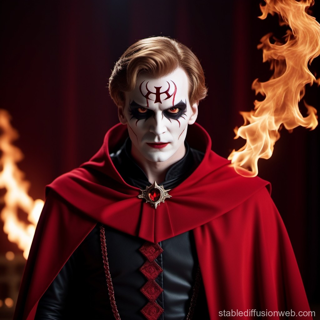 Dark Sorcerer with Fiery Eyes and Red Cloak