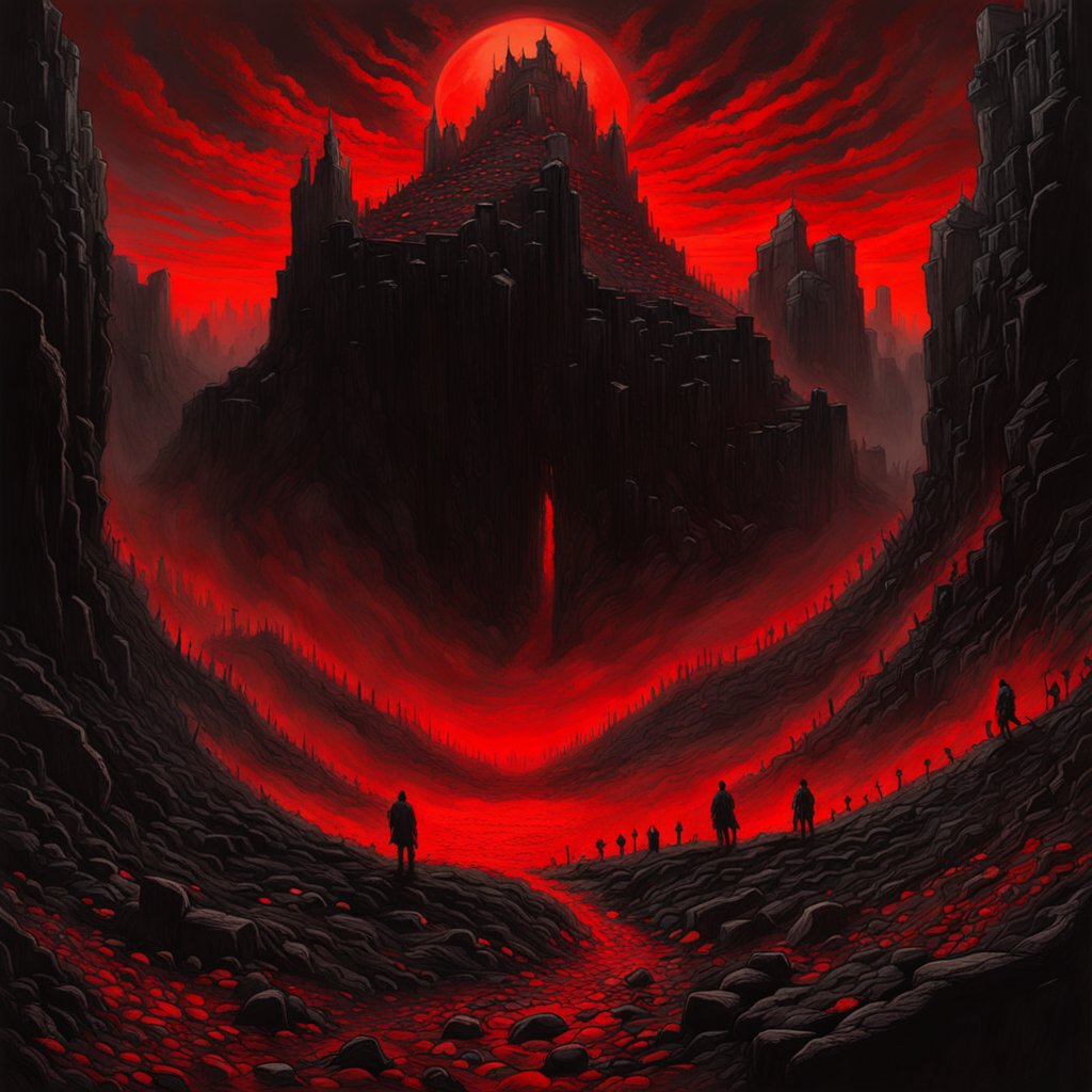 Dark Souls Landscape with Red Moon and Shadowy Figures