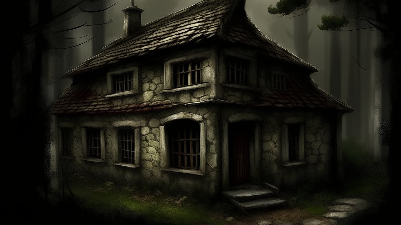 Dark Stone Cottage in a Foggy Forest