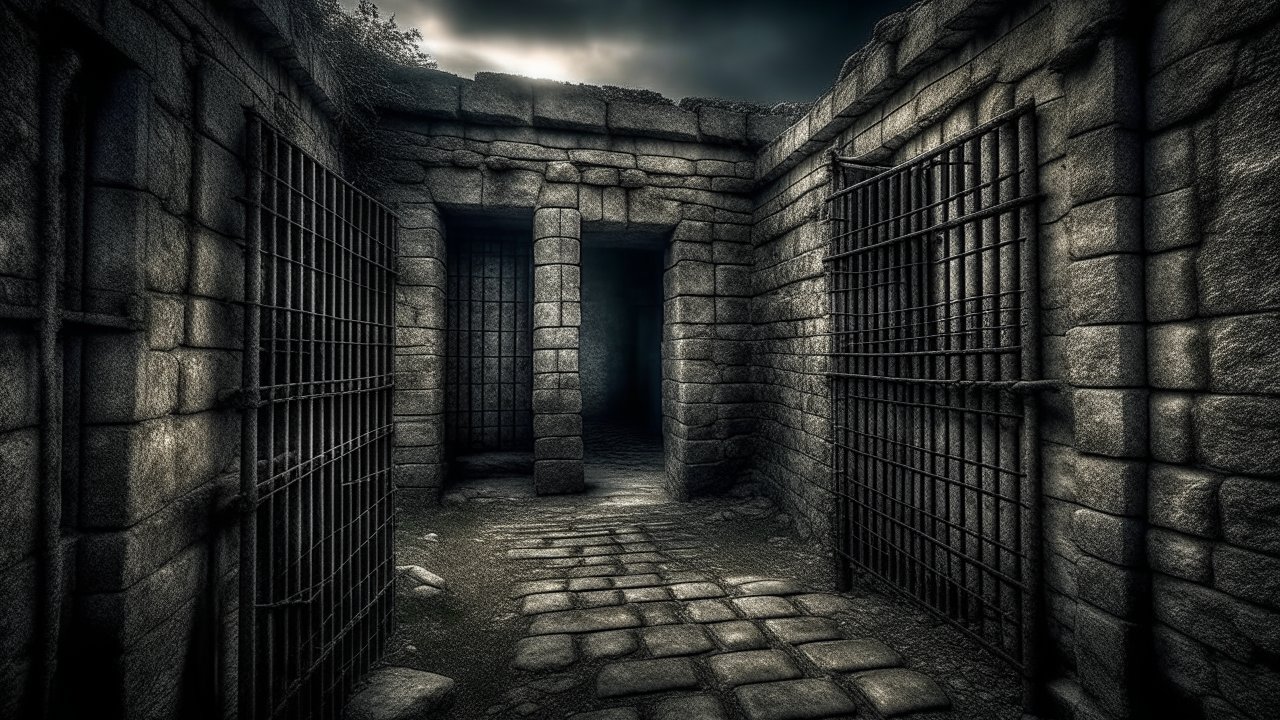 Dark Stone Dungeon Corridor with Iron Cell Doors