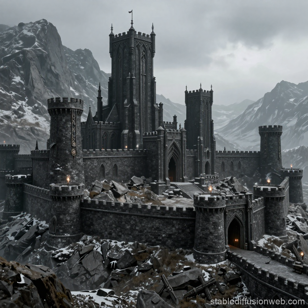 Dark Stone Fortress Amidst Snowy Mountains