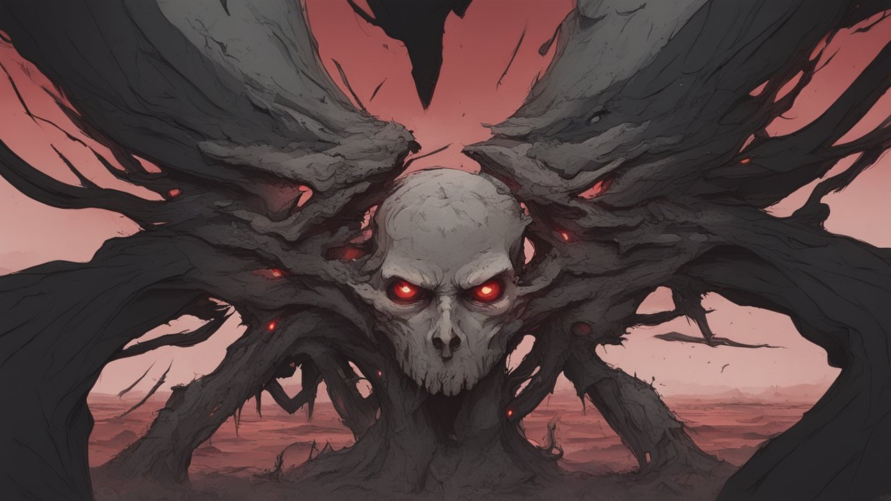 Dark Twisted Skull with Glowing Red Eyes in a Surreal Landscape