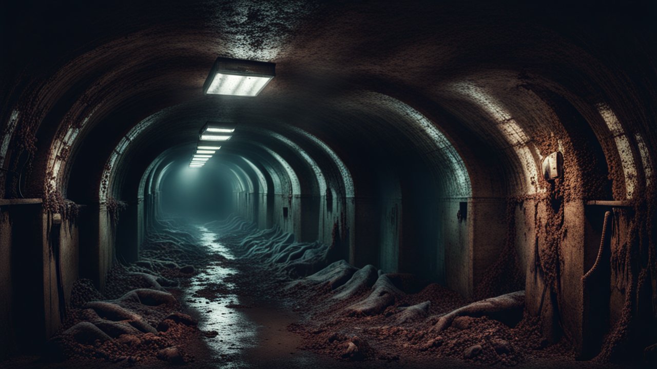 Dark Underground Tunnel with Creepy Organic Growths