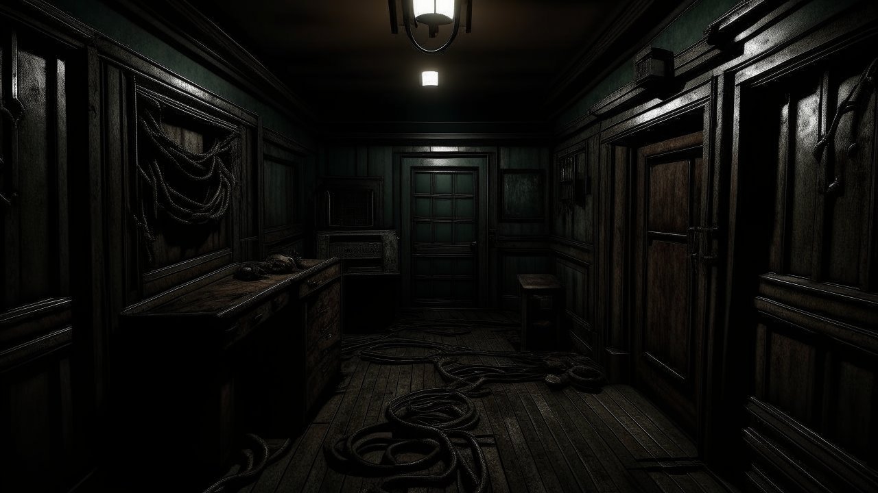 Dark Vintage Room with Coiled Ropes and Wooden Furniture