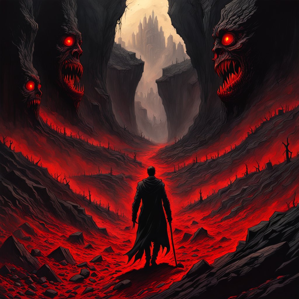 Dark Wanderer in a Hellish Gorge with Fiery Demonic Faces