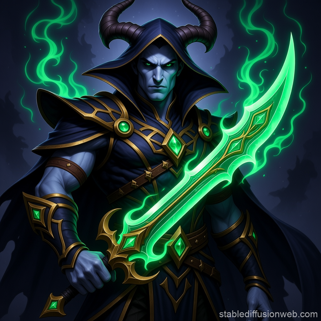 Dark Warlock with Glowing Green Blade