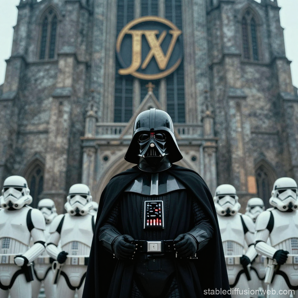Darth Vader and Stormtroopers in Front of Gothic Cathedral