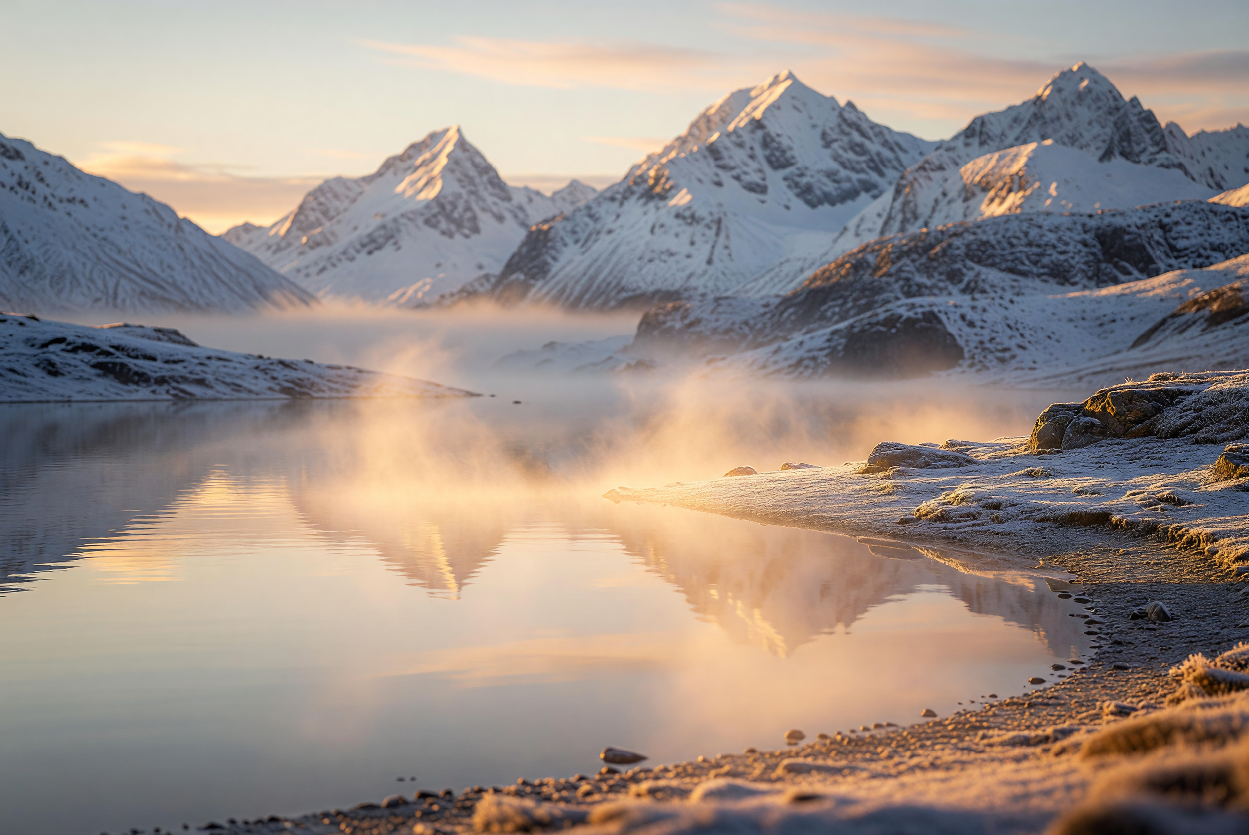 Dawn's Golden Mist Over Serene Alpine Lake