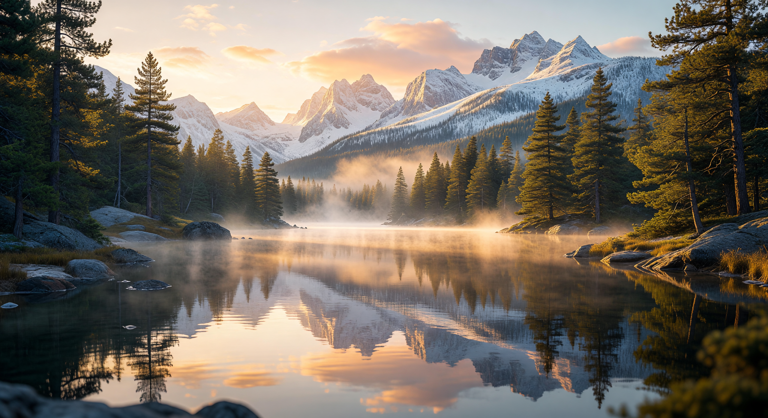Dawn's Golden Mist Over Serene Mountain Lake