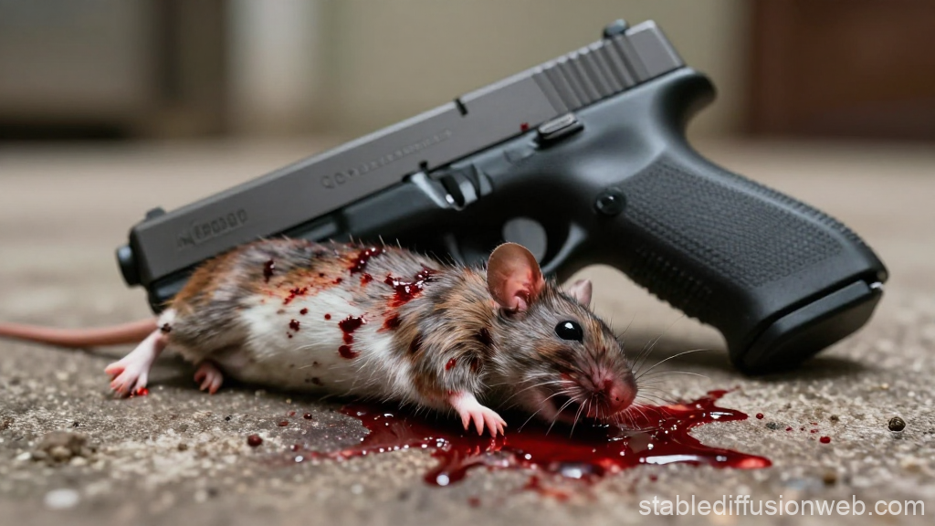 Dead Mouse with Blood and Handgun on Concrete