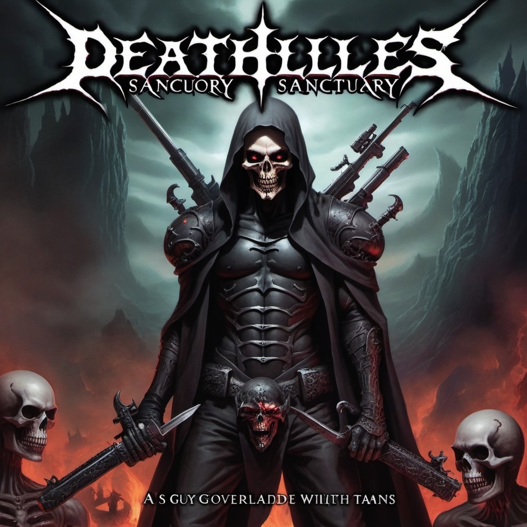 Deathless Sanctuary: Dark Warrior with Skulls and Weapons