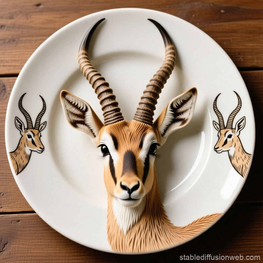 Decorative Plate Featuring Realistic Gazelle Head and Illustrations