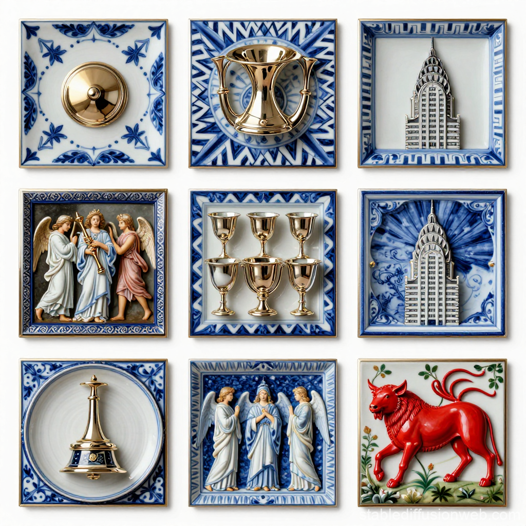 Decorative Tiles Featuring Seven Seals and Scarlet Bull Motif