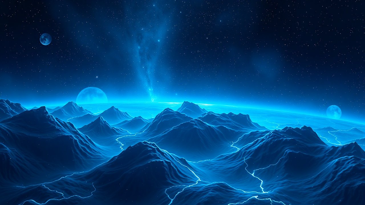 Deep Blue Futuristic Cosmic Mountain Landscape