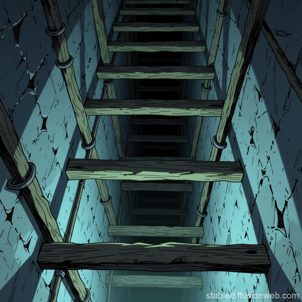 Deep Vertical Shaft with Wooden Ladder in Anime Style