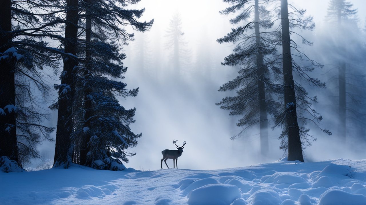 Deer in a Misty Snowy Fir Forest