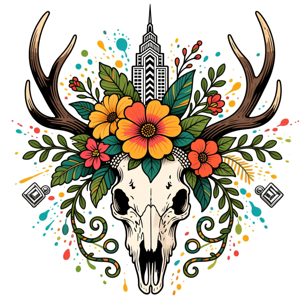 Deer Skull with Floral Crown and Urban Skyline