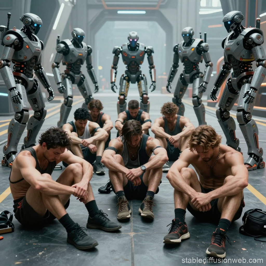 Defeated Futuristic Sports Team Surrounded by Robots