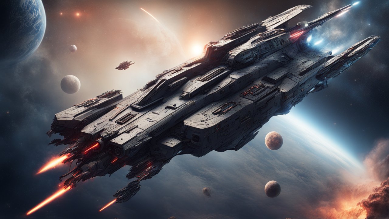 Defender Space Destroyer in Orbit with Planets