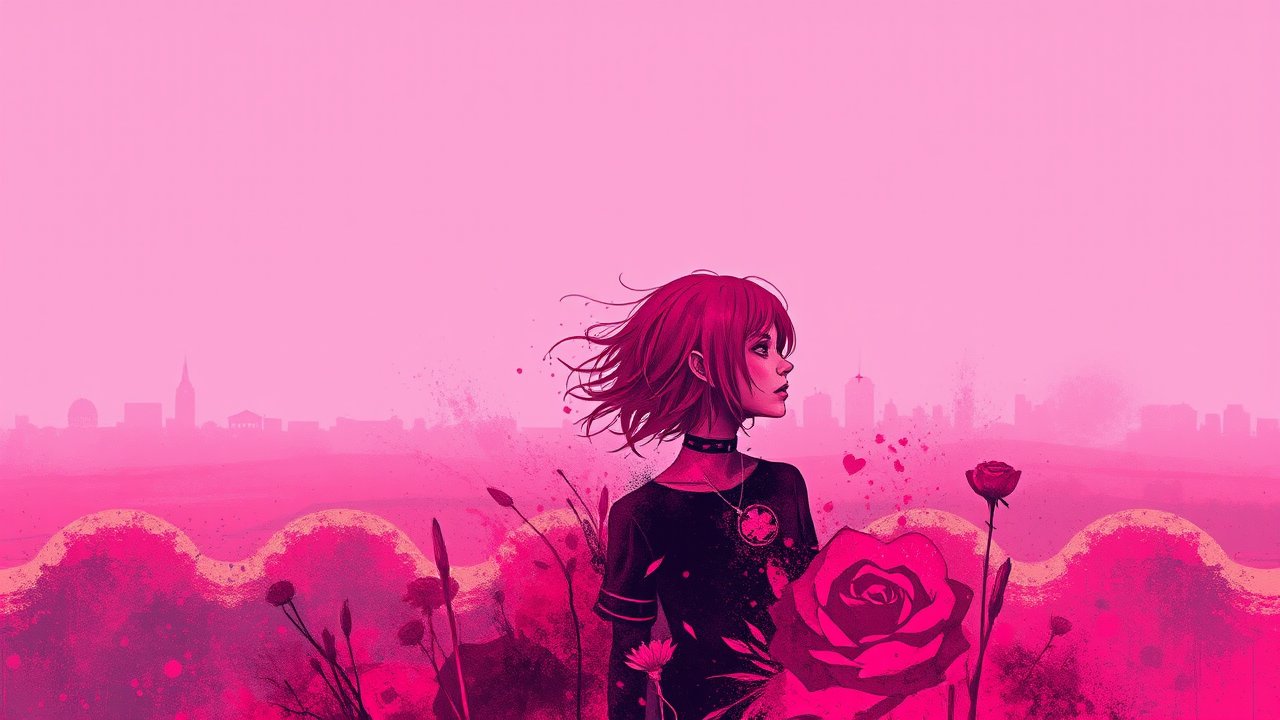 Degenerate Punk Girl with Rose in Pink Urban Landscape