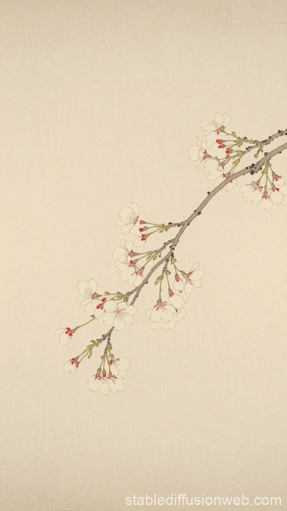 Delicate Cherry Blossom Branch on Beige Background
