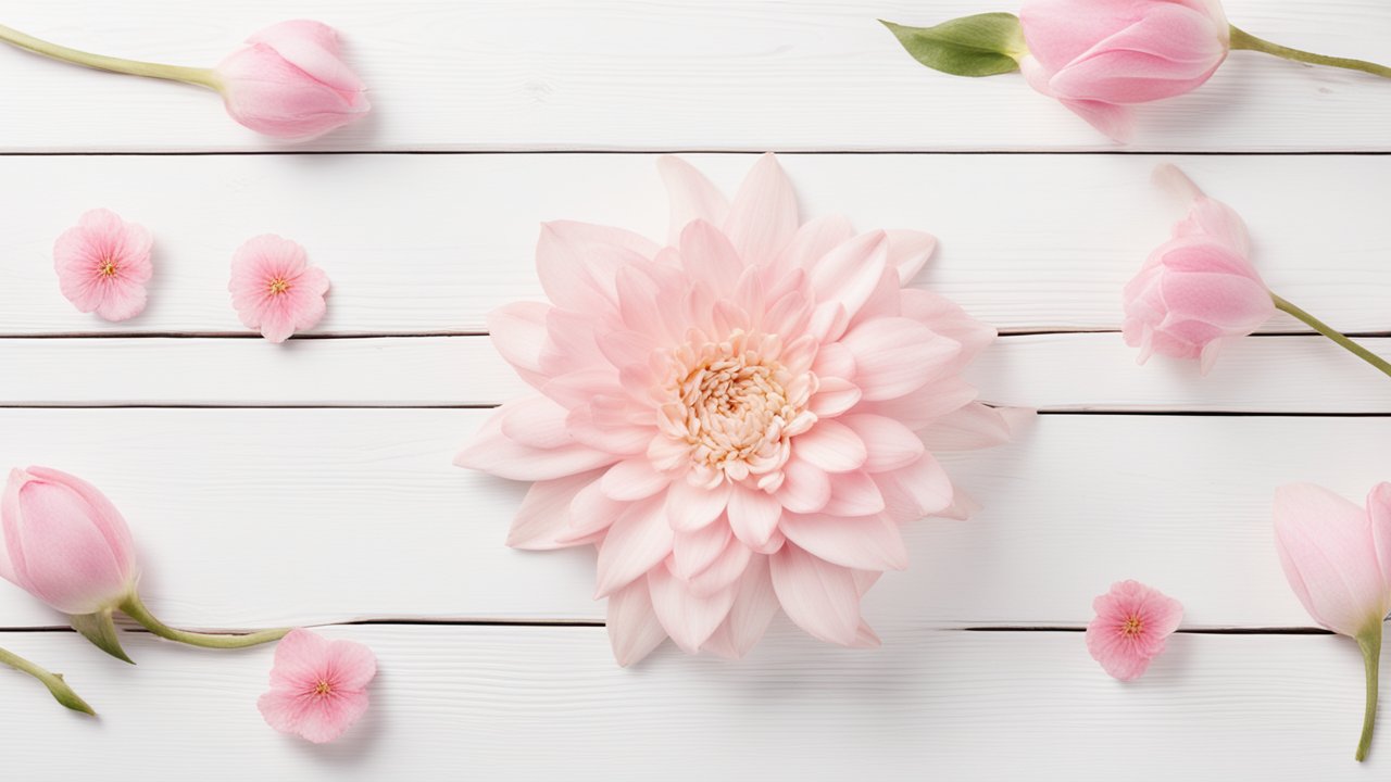 Delicate Pink Flowers on White Wooden Background