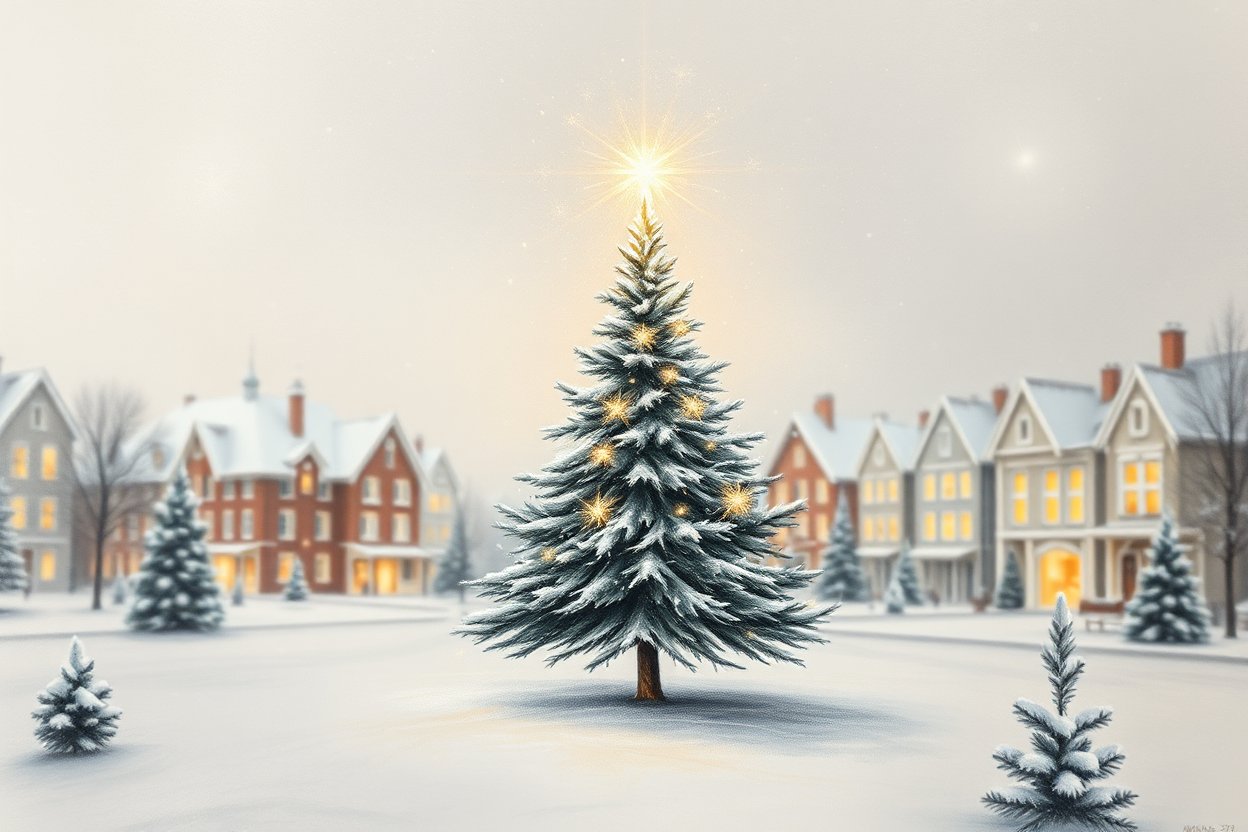 Delicate Snow-Covered Christmas Tree in a Quiet Neighborhood
