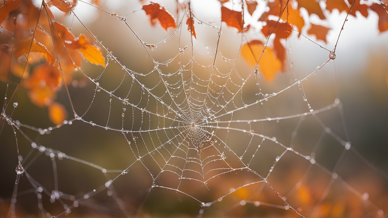 Delicate Spider Web with Dew Drops in Autumn