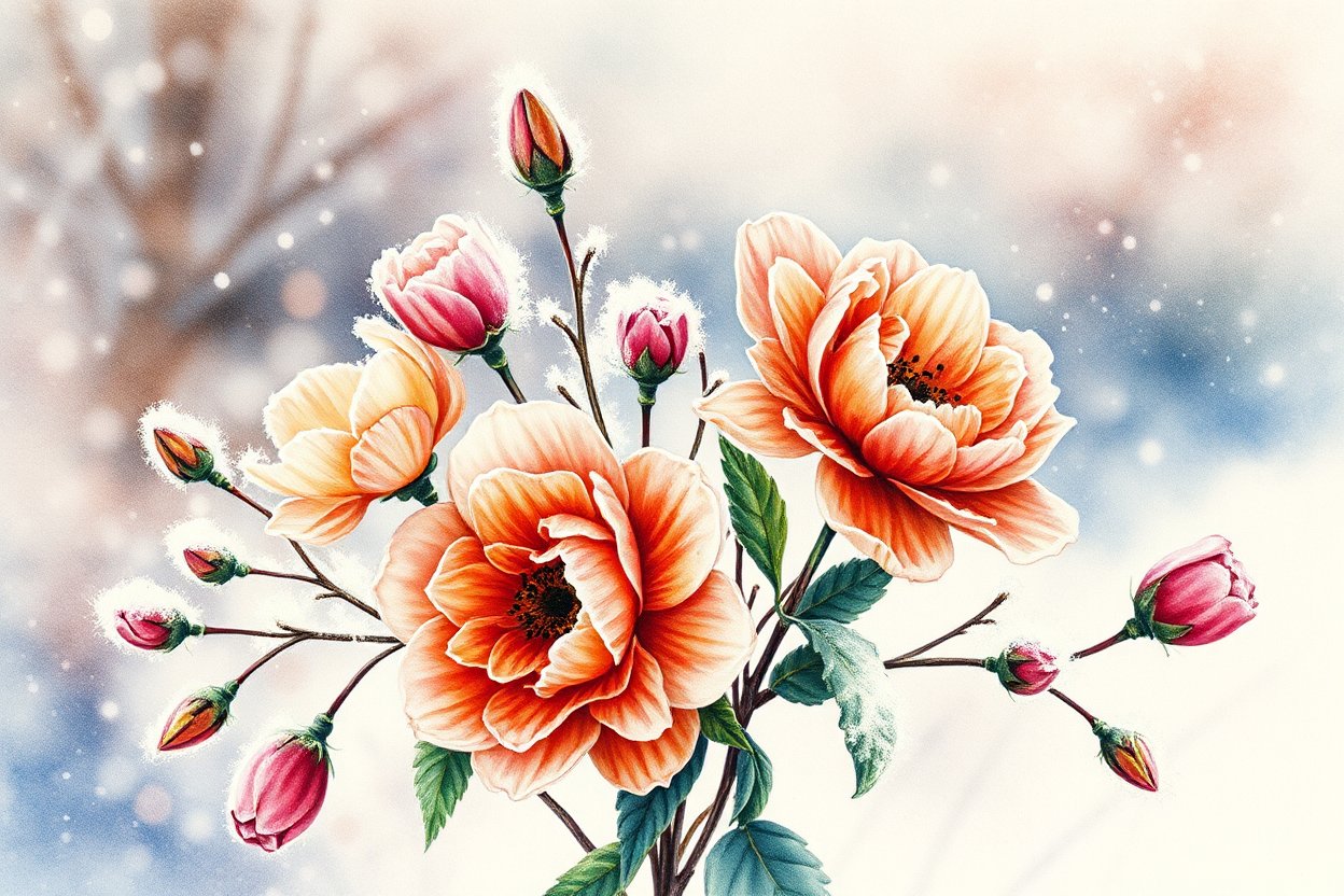 Delicate Watercolor Bouquet of Orange and Pink Flowers