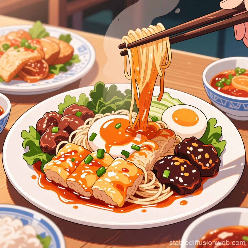 Delicious Asian Noodle Dish with Tofu and Egg in Anime Style