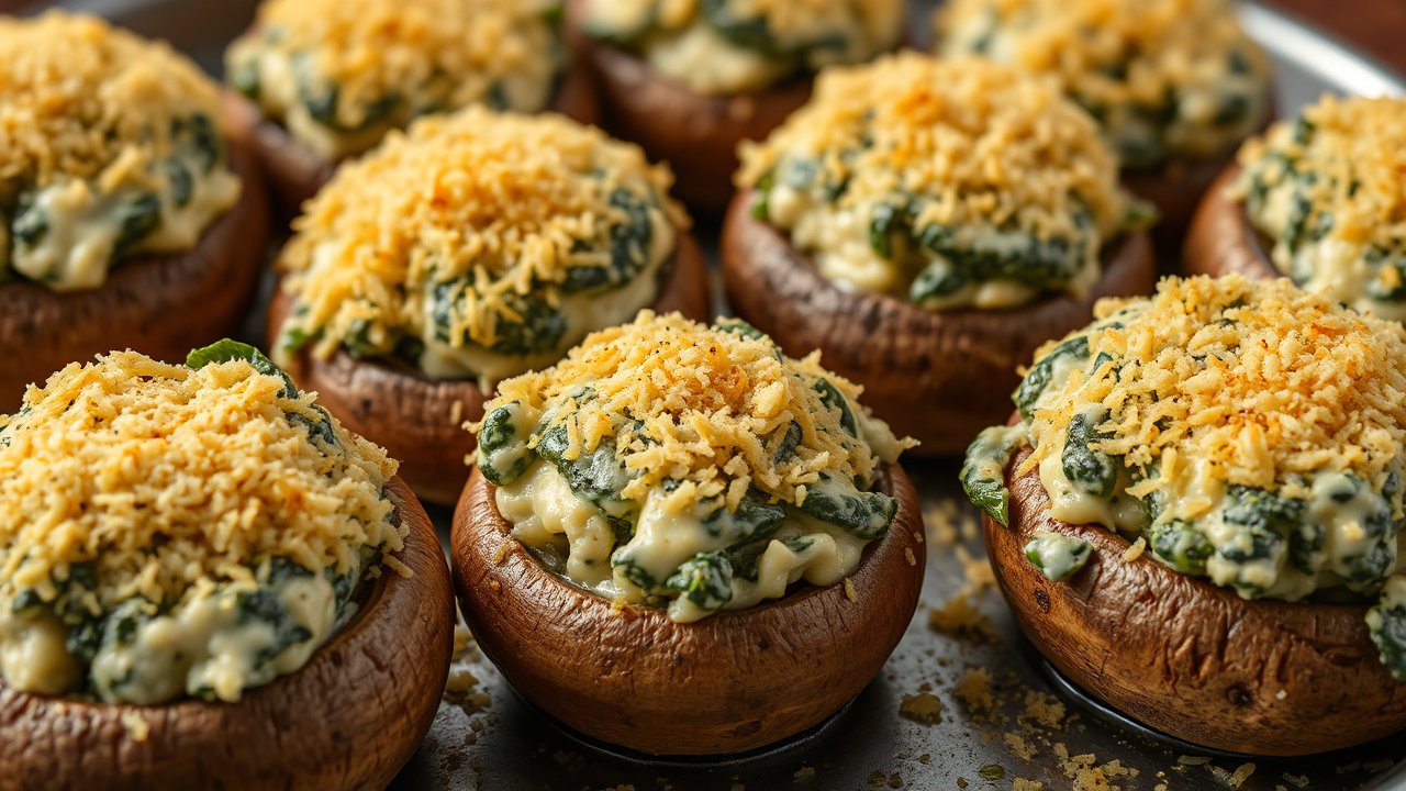 Delicious Large Baked Mushrooms Stuffed with Cheese and Spinach
