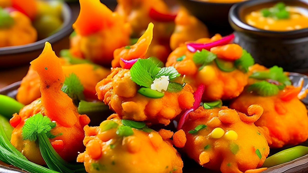 Delicious Mixed Vegetable Pakoras Garnished with Fresh Herbs