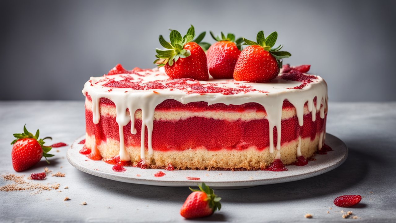 Delicious Strawberry Fraisier Cake with Dripping White Icing