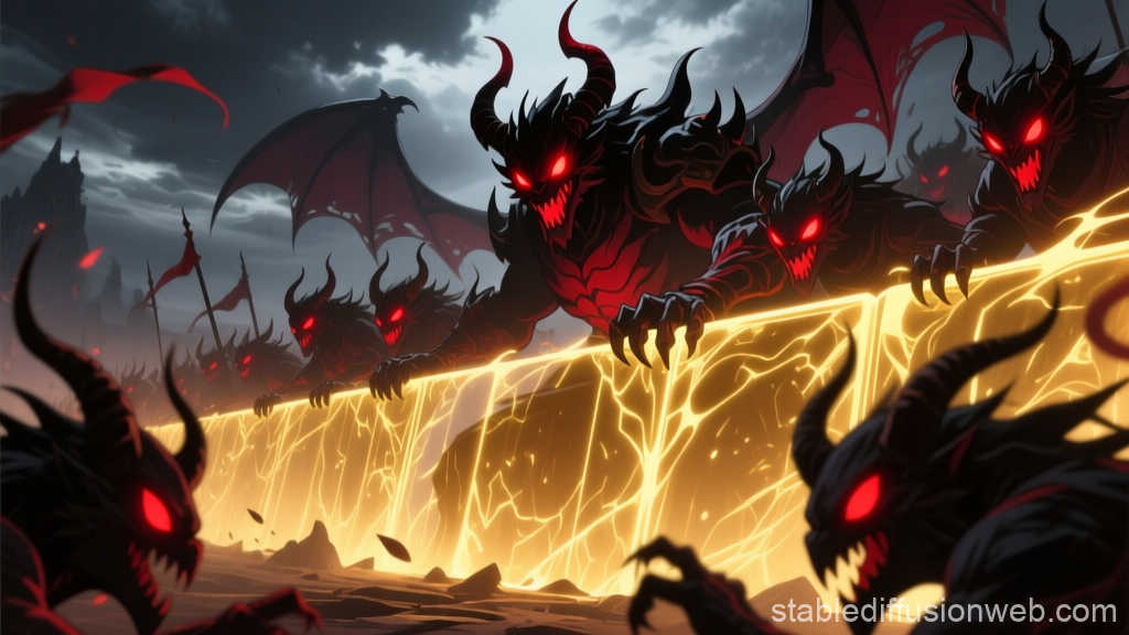 Demonic Army Charging Over Fiery Barrier